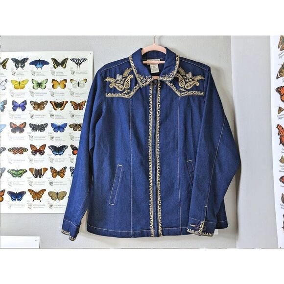 Vintage 90s Victor Costa Jean Jacket Western Sequin Denim Rodeo Dark Size S - Picture 11 of 12